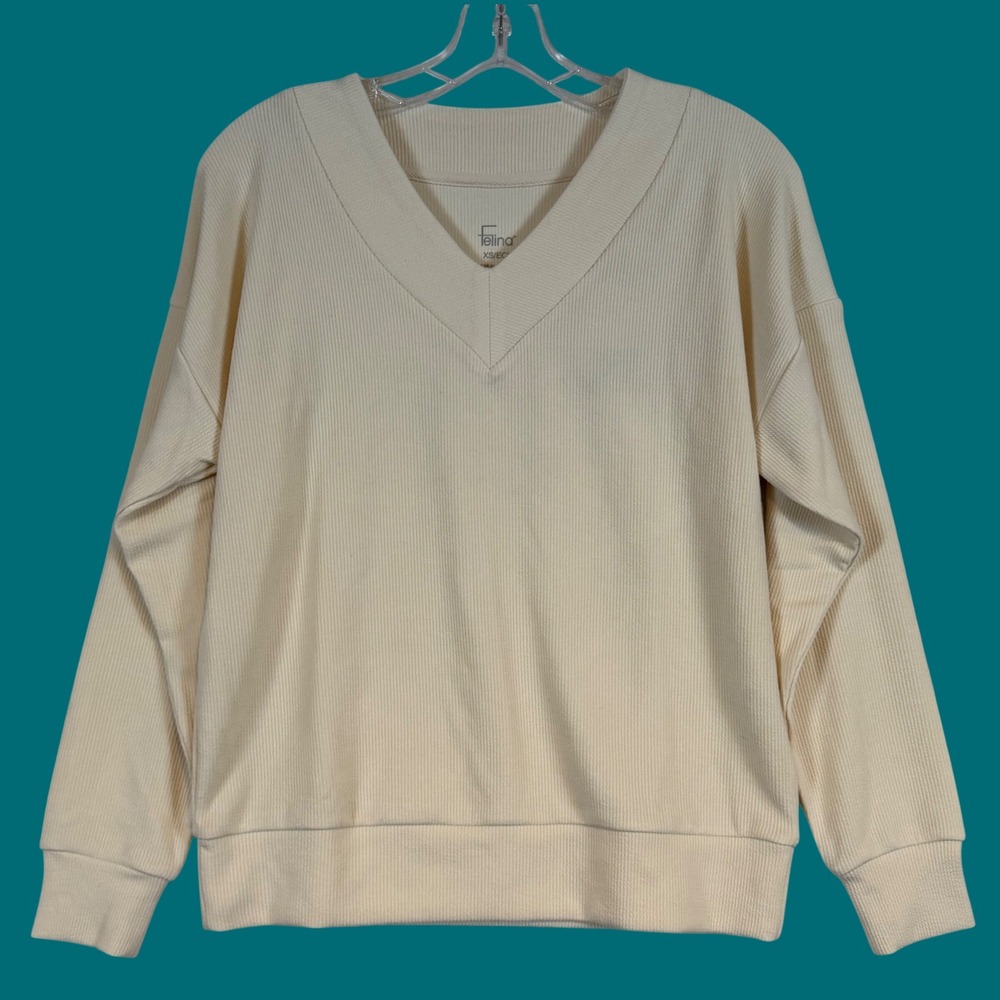 NWT Felina Womens Ribbed V-Neck Pullover Top Cream Whitecap Gray XS Athleisure